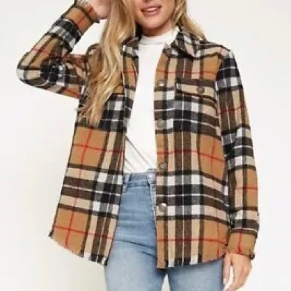 NWT Mystree Plaid Flannel Shacket Shirt Jacket Brown Black Button Down Sz M/L